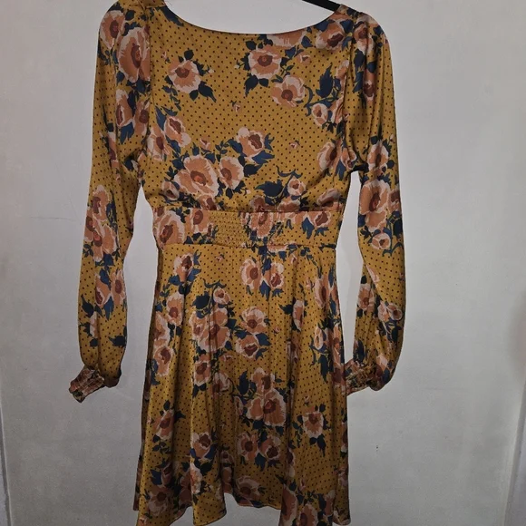 Free People Yellow and Blue Wrap Sundress with Bishop Sleeves - Picture 4 of 7